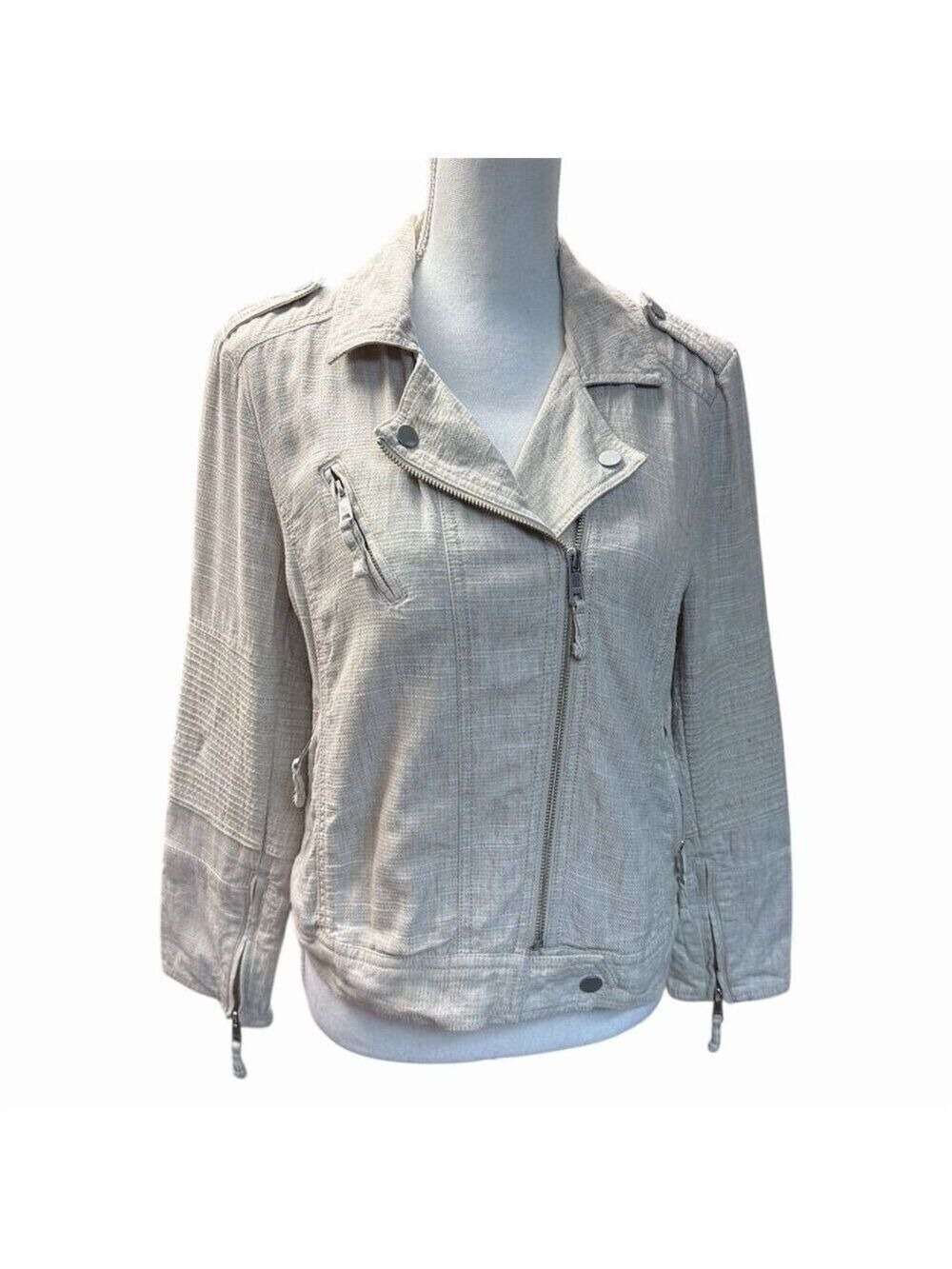 LOFT Women's Beige Moto Linen Blend Jacket Size M Asymmetrical Zip Casual